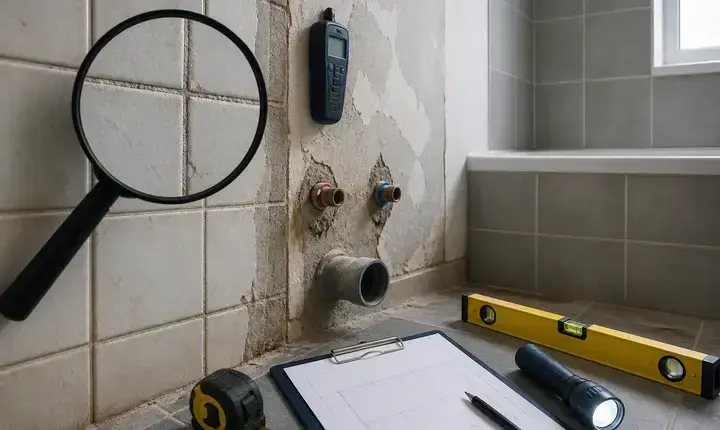 Rénovation salle de bain: diagnostic de chantier avec loupe, humidité, plomberie et contrôle technique