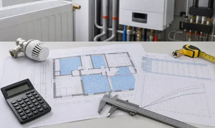 Dimensionnement chaudière avec plan thermique, courbe de chauffe, calculateur et robinet thermostatique