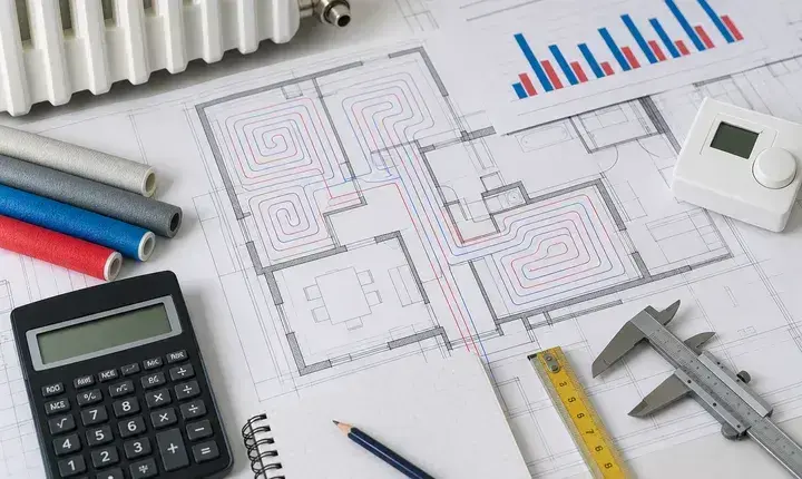 Dimensionnement chauffage avec plan, circuits, calculateur, radiateur et courbes de besoin