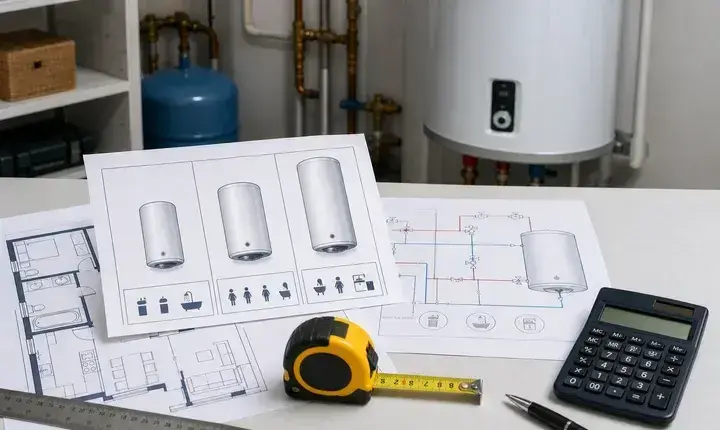 Dimensionnement chauffe-eau avec plan, schéma de plomberie, capacités de ballon, calculateur et mètre