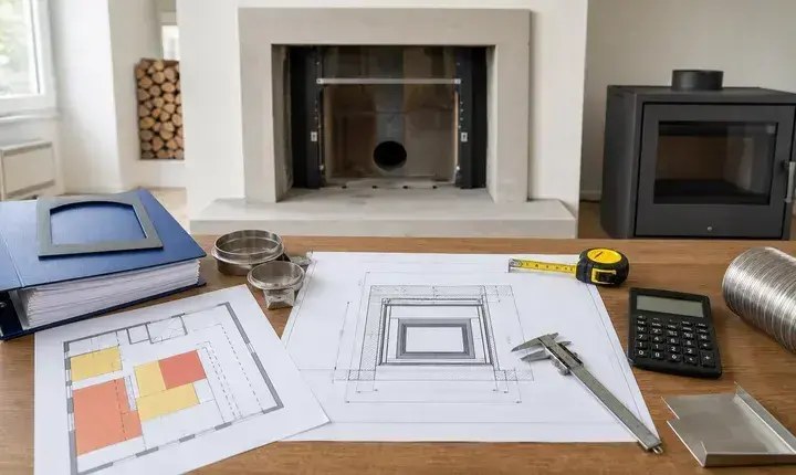 Dimensionnement cheminée et insert avec plan, cotes, gabarit, diamètres de conduit, calculateur et insert en arrière-plan