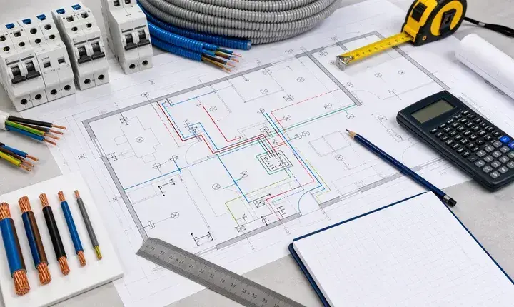 Dimensionnement électrique avec plan, cotes, sections de câbles, circuits et calculateur