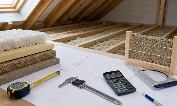 Dimensionnement isolation des combles avec plan, échantillons, repères d'épaisseur, calculateur et jauge