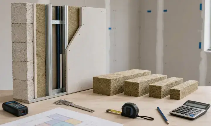 Dimensionnement isolation murs intérieurs avec coupe de mur, épaisseurs, plan, calepinage, calculateur et outils de mesure
