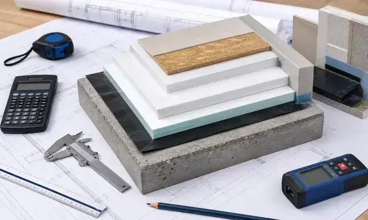 Dimensionnement isolation sol et plancher bas avec plan, coupe de strates, épaisseurs, caliper, règle et laser