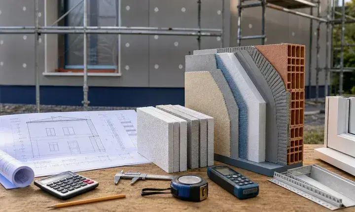 Dimensionnement isolation thermique extérieure avec plan de façade, coupe de mur, épaisseurs, caliper, calculateur et profil de fenêtre