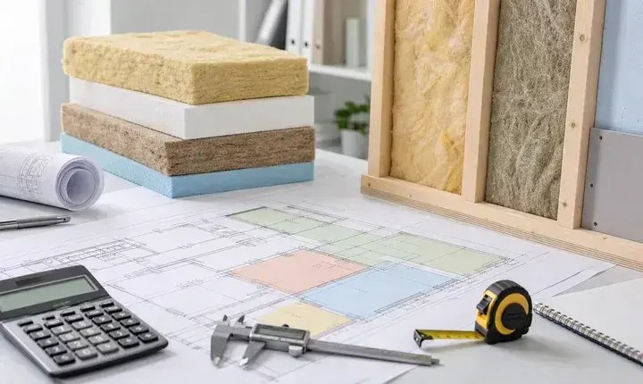 Dimensionnement isolation avec plan, échantillons d'épaisseur, pied à coulisse, calculateur et coupe de mur