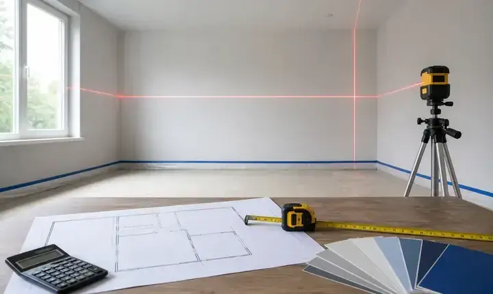 Dimensionnement peinture intérieure avec plan, cotes, mètre, laser et nuancier