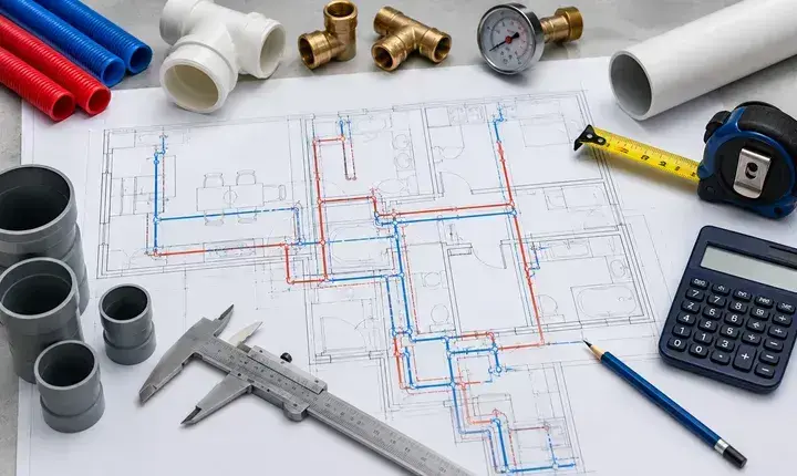 Dimensionnement plomberie avec plan, diamètres de tuyaux, cotes et calculateur