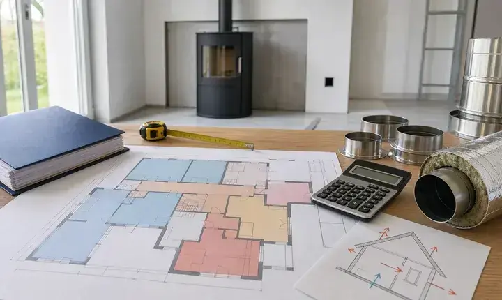 Dimensionnement poêle bois et granulés avec plan, zones de chauffage, calculateur, diamètres de conduit et mètre