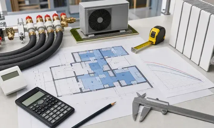 Dimensionnement pompe à chaleur avec plan thermique, courbe de chauffe, radiateur, collecteur et calculateur