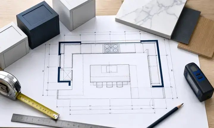 Rénovation cuisine: dimensionnement avec plan, cotes, meubles, mètre et implantation