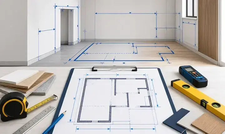 Rénovation intérieure: dimensionnement avec plan technique, cotes, mesures et outils de relevé