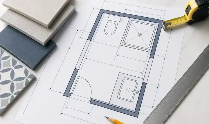Rénovation salle de bain: dimensionnement avec plan, cotes, règle, mètre et implantation
