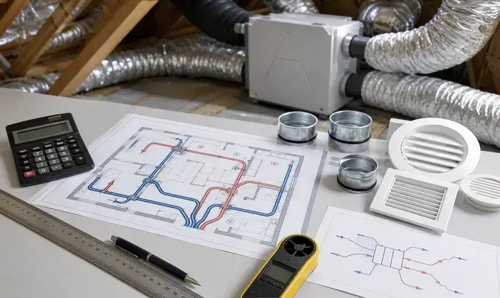 Dimensionnement VMC avec plan de gaines, anémomètre, diamètres, calculateur et bouches de ventilation