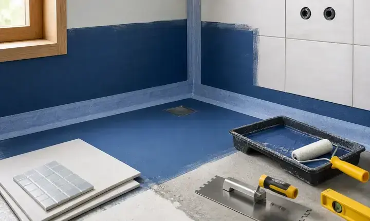 Carrelage et faïence: étanchéité sous carrelage Étanchéité sous carrelage avec membrane bleue, bandes d’angle, carreaux et outils