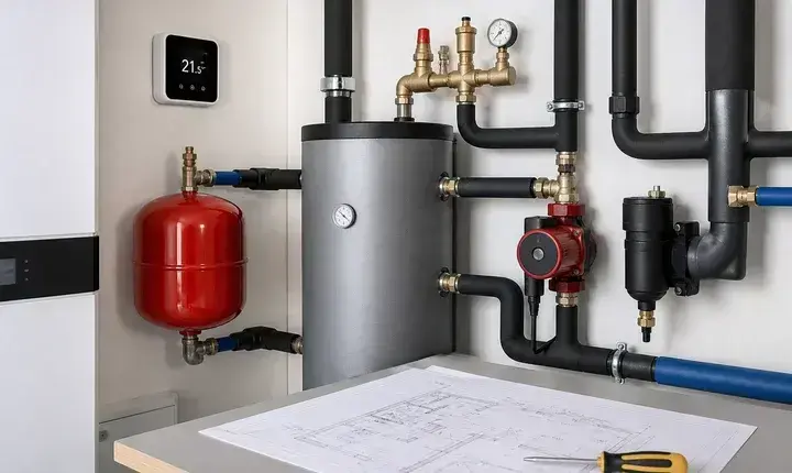 Chauffage: équipements complémentaires et régulation Équipement complémentaire chauffage avec thermostat, vase d'expansion, ballon tampon, pompe et filtre