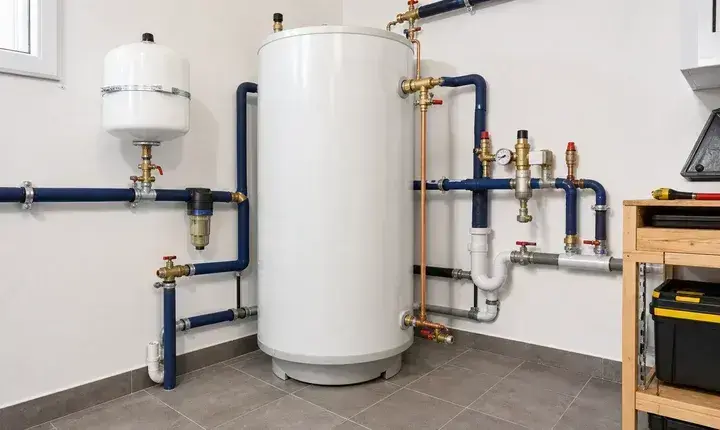 Équipement complémentaire chauffe-eau avec ballon, vase d'expansion, réducteur, filtre, groupe de sécurité et évacuation