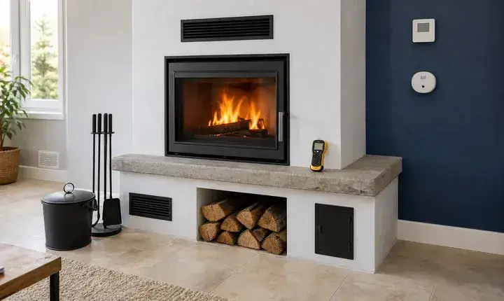 Équipement complémentaire cheminée et insert avec grilles, thermostat, détecteur, trappe, outils et stockage bois