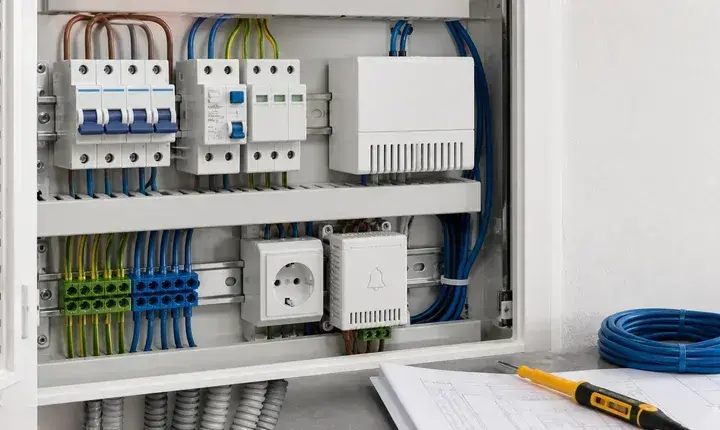 Électricité: tableau, protections et équipements complémentaires Tableau électrique avec différentiels, disjoncteurs, parafoudre, modules et coffret de communication
