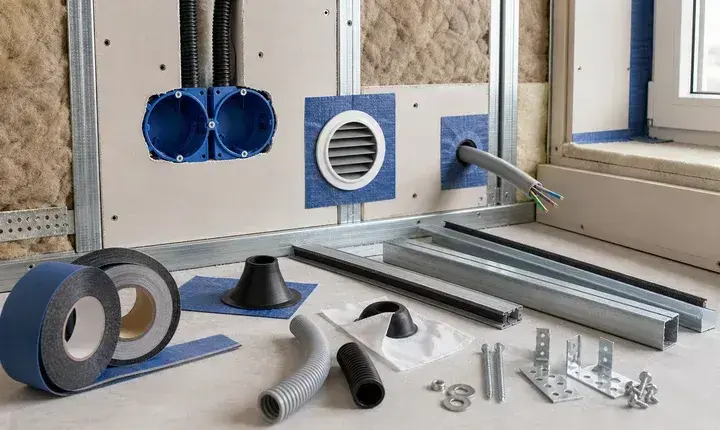 Isolation murs intérieurs: équipements complémentaires Équipement complémentaire isolation murs intérieurs avec boîtiers électriques étanches, grille, gaines, collerettes, rails et bandes