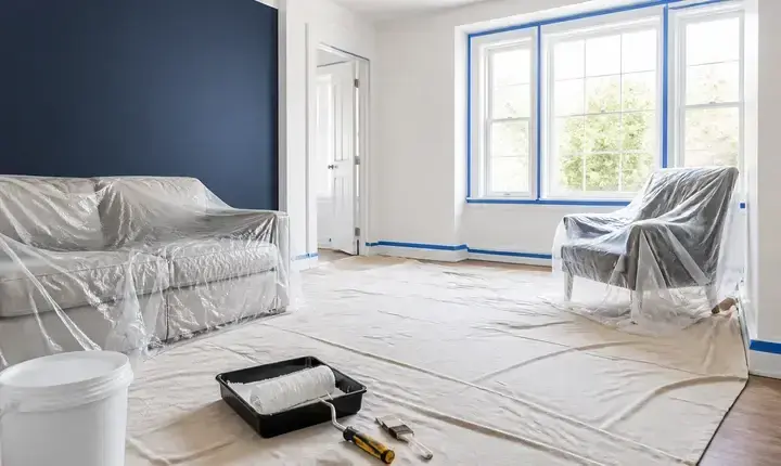 Protections de chantier peinture intérieure avec bâches, meubles filmés et ruban de masquage