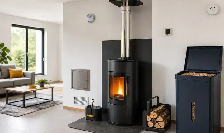 Poêle bois et granulés: équipements complémentaires Équipement complémentaire poêle bois et granulés avec détecteurs, thermostat, arrivée d'air, plaque, stockage pellets et bûches
