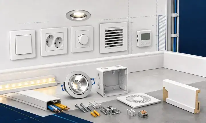 Rénovation intérieure: équipement complémentaire avec prises, interrupteurs, éclairage LED, ventilation et plinthes Rénovation intérieure: équipement complémentaire avec prises, interrupteurs, éclairage LED, ventilation et plinthes