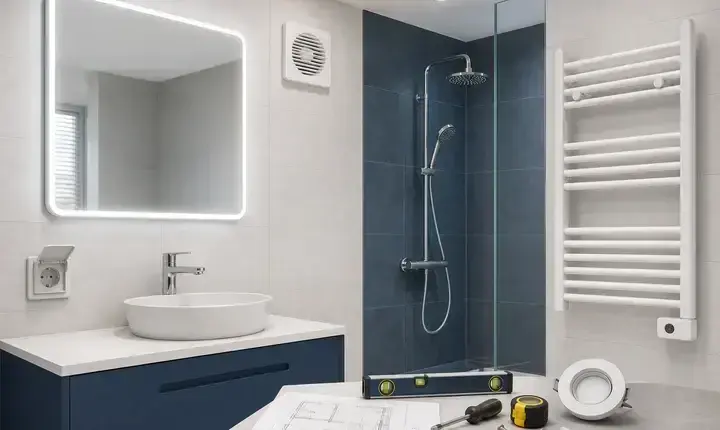 Rénovation salle de bain: miroir LED, ventilation, sèche-serviettes, prise étanche et équipements complémentaires