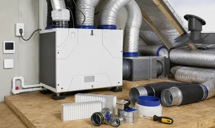VMC et ventilation: équipements complémentaires Équipement complémentaire VMC avec caisson double flux, filtres, silencieux, gaines isolées, condensats et sortie toiture