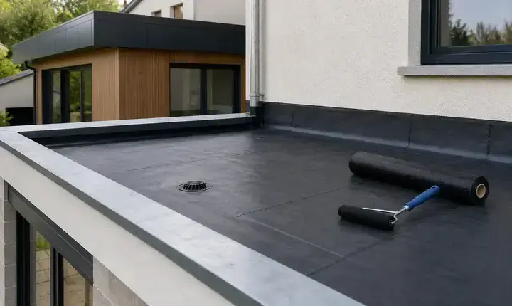 Extension maison: étanchéité toiture plate Extension maison avec étanchéité de toiture plate, membrane, relevés, évacuation et acrotère