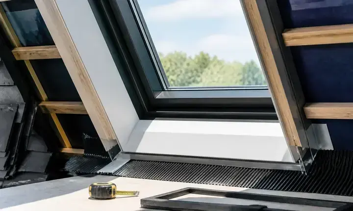 Aménagement combles: fenêtre de toit et étanchéité Aménagement combles avec fenêtre de toit, raccord d’étanchéité, cadre et lumière naturelle
