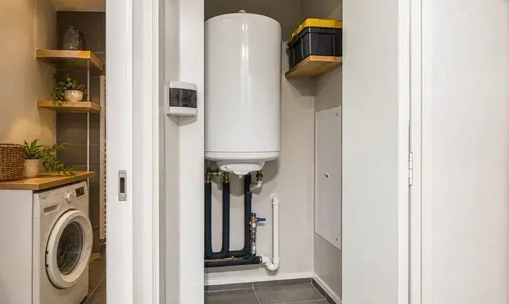 Finition adaptée chauffe-eau dans un placard technique avec tuyaux isolés, évacuation, coffret et accès maintenance