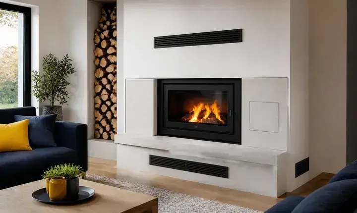 Finition adaptée cheminée et insert avec habillage clair, insert intégré, grilles noires, trappe et niche à bûches