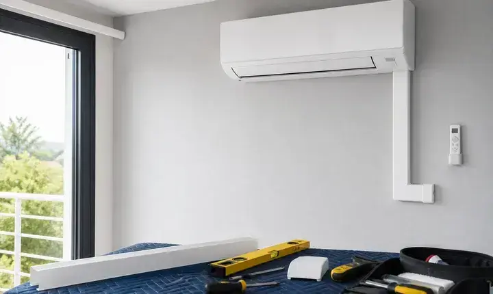 Finition adaptée climatisation avec unité intérieure, goulotte blanche, télécommande et outils