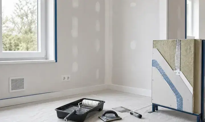 Isolation murs intérieurs: finition adaptée Finition adaptée isolation murs intérieurs avec mur fini, plinthe, ventilation, prises avancées, outils et coupe technique