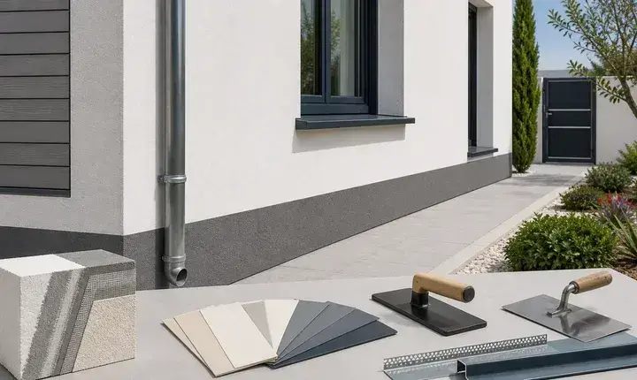 Finition adaptée isolation thermique extérieure avec façade terminée, soubassement, appuis, descente, nuancier, outils et coupe technique