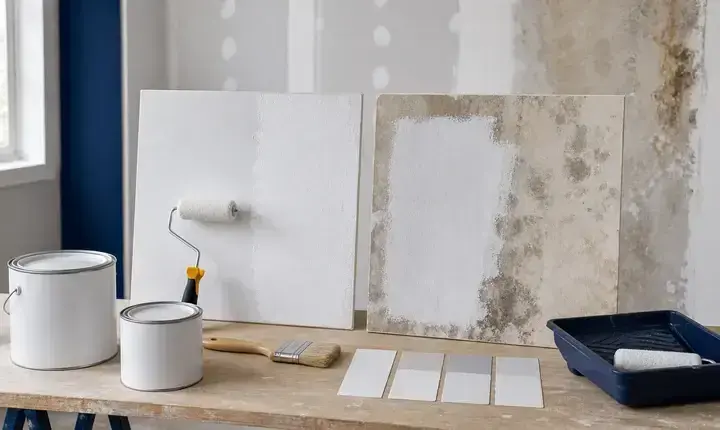 Sous-couche adaptée peinture intérieure avec support taché, plaques, primaire et rouleau