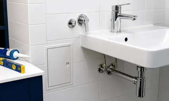 Plomberie: finitions propres et accès technique Finition adaptée plomberie avec robinet, joints propres, trappe et siphon chrome