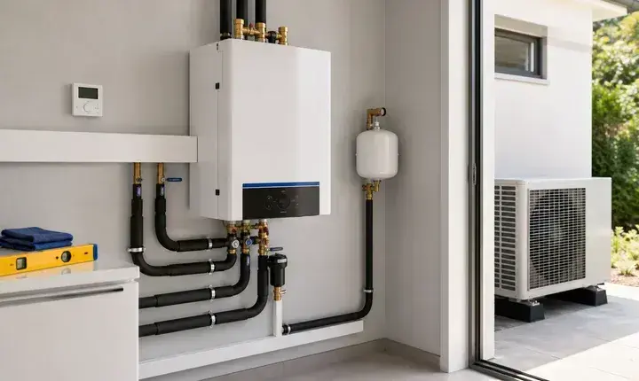 Finition adaptée pompe à chaleur avec module mural, tuyaux isolés, goulotte et unité extérieure