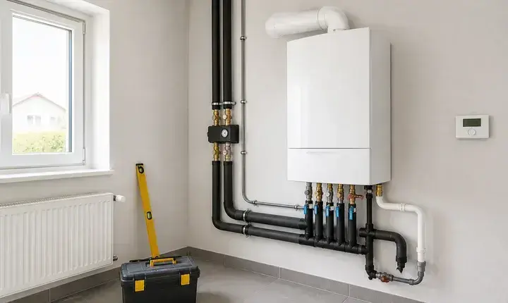 Chaudière: finitions, tuyaux isolés et thermostat Finitions chaudière avec appareil posé, tuyaux isolés, fumisterie blanche, thermostat et radiateur