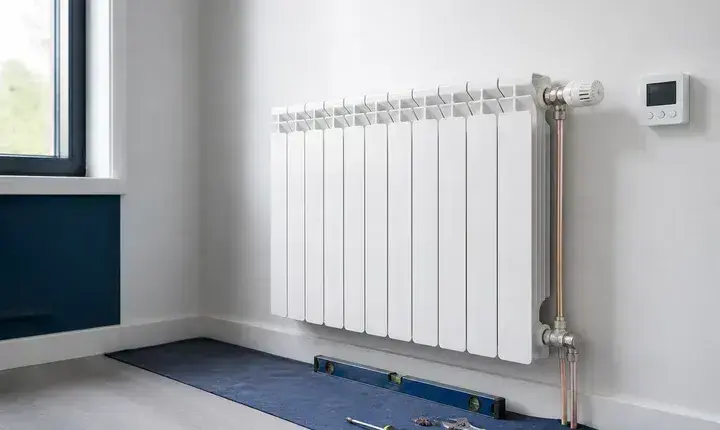 Chauffage: finitions, radiateur et thermostat Finitions chauffage avec radiateur moderne, thermostat, vanne et outils