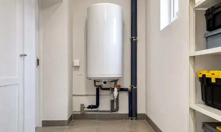 Finitions chauffe-eau avec ballon posé, tuyaux isolés, groupe de sécurité, siphon et local technique propre