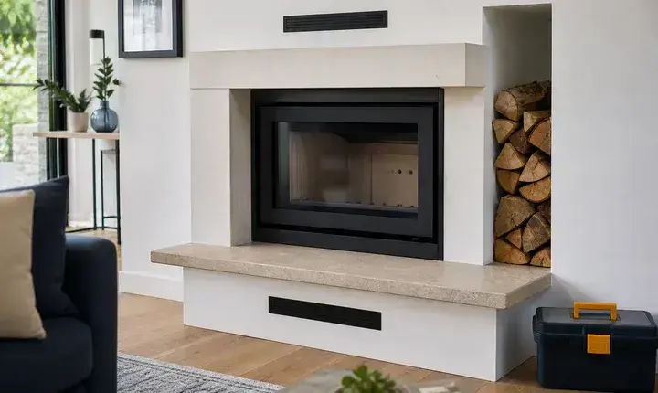 Finitions cheminée et insert avec habillage pierre, insert posé, grilles alignées, foyer propre et niche à bûches