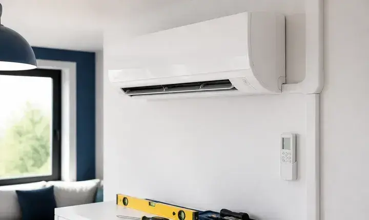 Finitions climatisation avec unité intérieure posée, goulotte, télécommande et outils