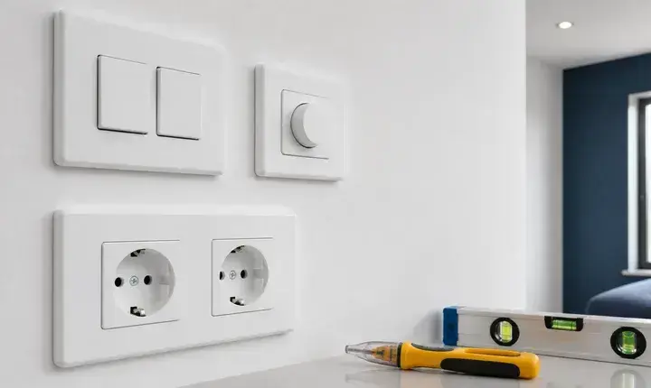 Électricité: finitions, prises et interrupteurs propres Finitions électriques avec prises, interrupteurs, variateur, niveau et testeur