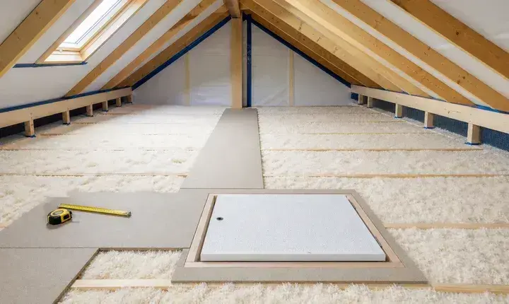 Finitions isolation des combles avec isolant uniforme, trappe isolée, passerelle et déflecteurs de ventilation