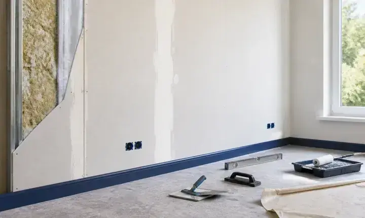 Isolation murs intérieurs: finitions de placo Finitions isolation murs intérieurs avec mur en plaques, joints, prises avancées, plinthe, outillage et coupe technique