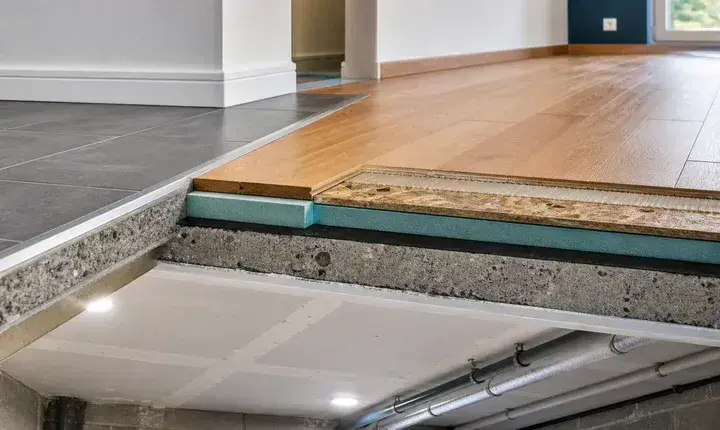 Isolation sol et plancher bas: finitions de sol Finitions isolation sol et plancher bas avec parquet, carrelage, coupe de plancher, isolant, membrane et sous-face terminée