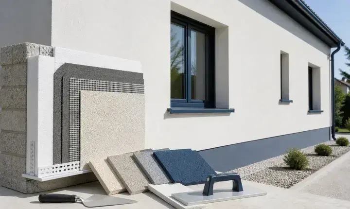 Finitions isolation thermique extérieure avec façade enduite, échantillon de couches, trame, enduits, appuis et nuancier